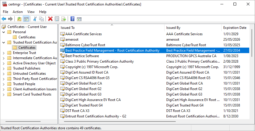 Field Management Certificates should be in the personal and trusted root stores.