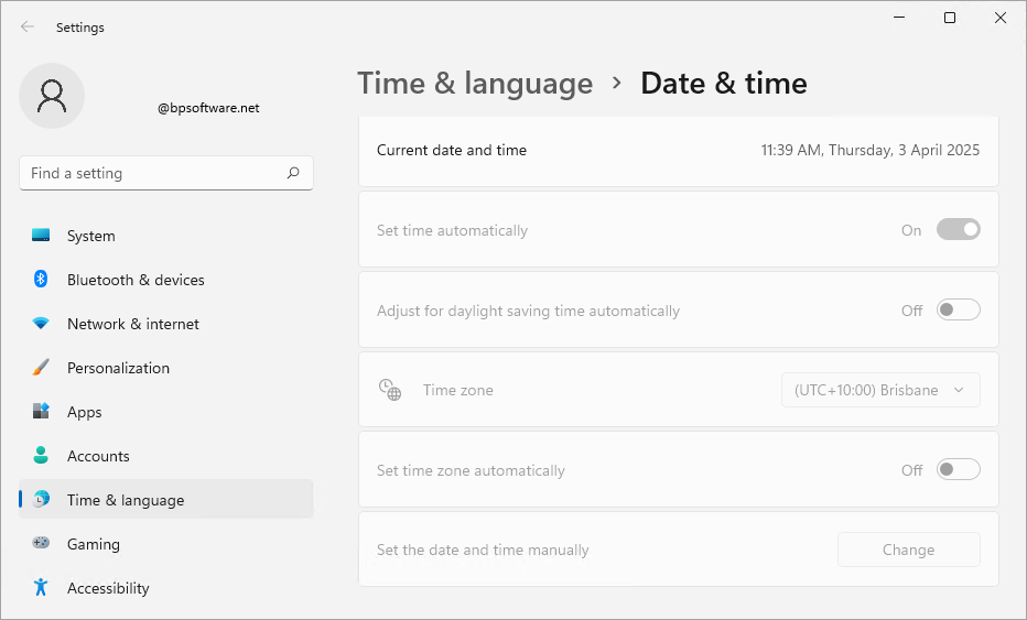 System date and time settings.