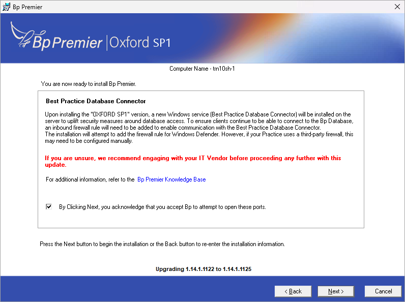 Oxford SP1 Bp Database Connector Install Screen