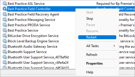 Restart Best Practice Field Controller and Field Recovery Agent.