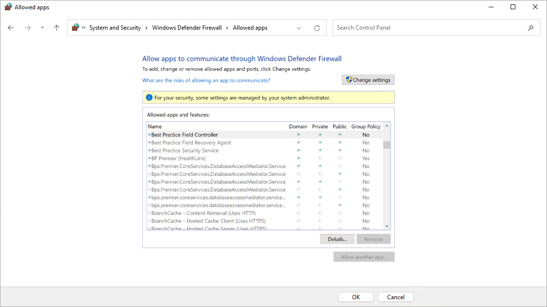Windows Defender Firewall exclusions for Best Practice Mobile.