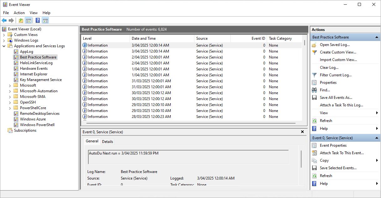 Best Practice Software in Event Viewer.
