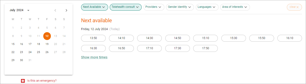 The online booking calendar as viewed by a patient