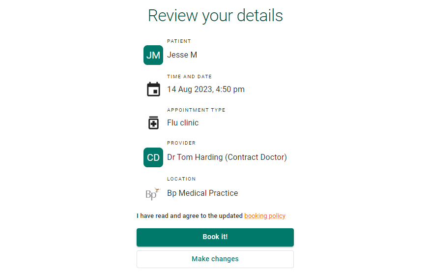 Shows the final screen of the booking process with a button to confirm the booking