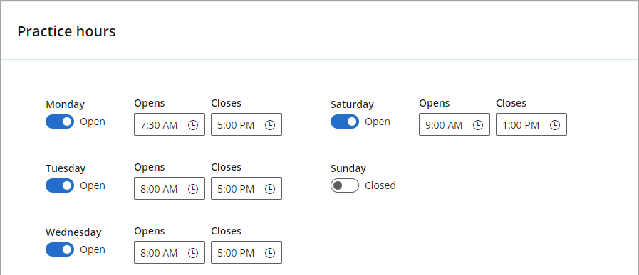 Select the days and hours for which your practice is open