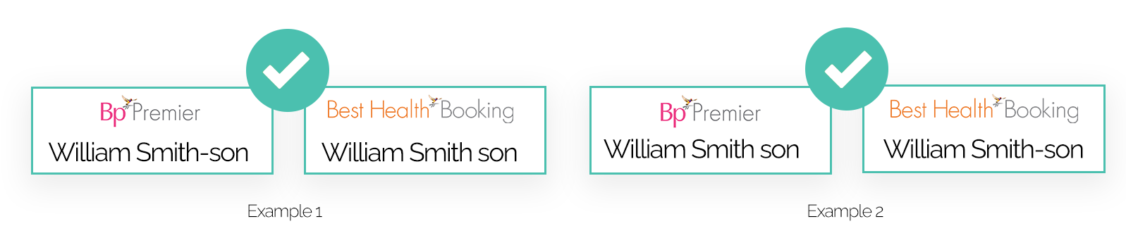 Two examples of patients matching in BHB and Bp Premier despite having hyphen differences