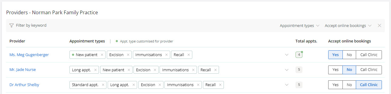 List of Providers to enable for online booking. 