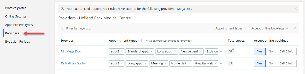 List of Providers to enable for online booking. 