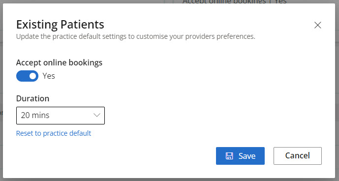 Set the appointment types duration and availability to book online for the provider.