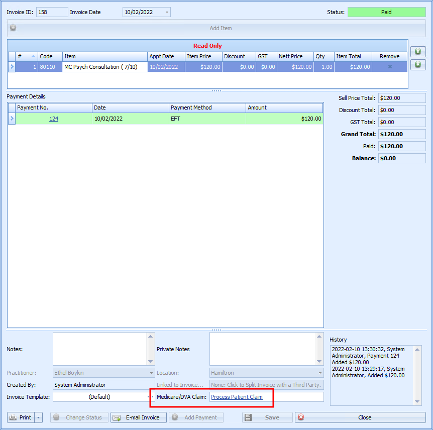 Patient Invoice is displayed after payment is made