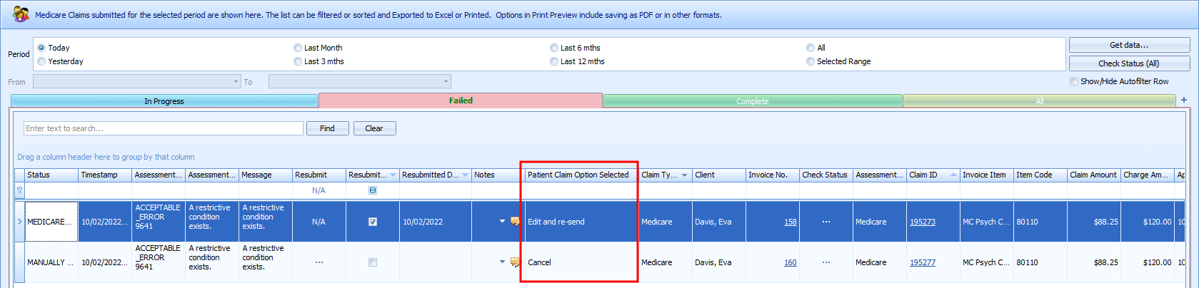 Patient Claim Option shown in Medicare Claims History Report
