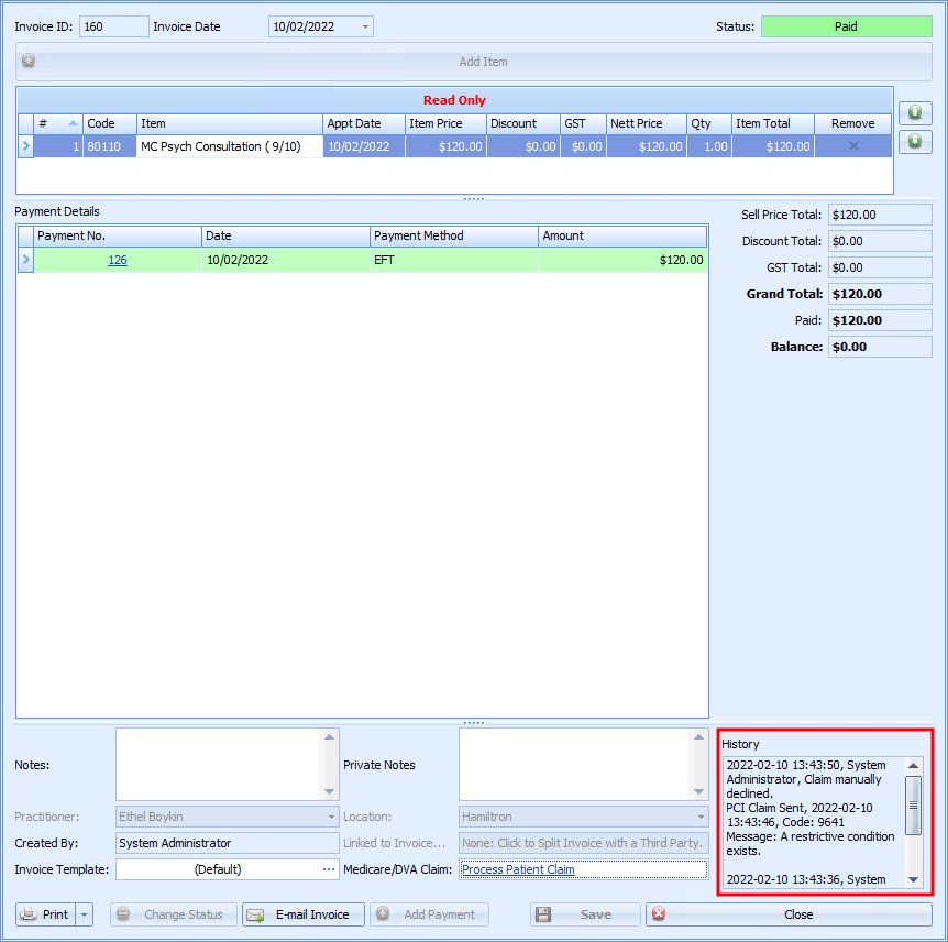 The claim status will be set to Manually Declined. Click the Process Patient Claim link to resend the claim at a later date 