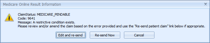Medicare or DVA validation has raised issues with the claim details. The user has the option to correct, send anyway, or cancel. 