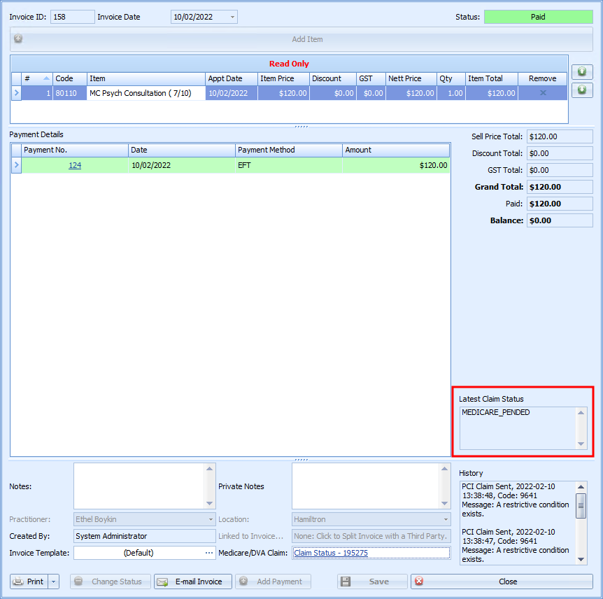 Invoice Details will show a status of PENDED while the claim is assessed