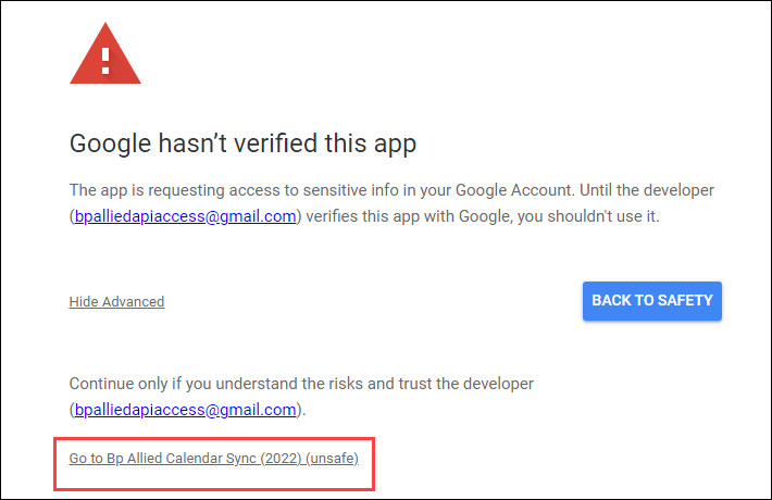 Google Calender Warning Message