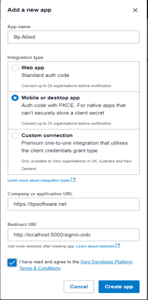 Xero Create a New App