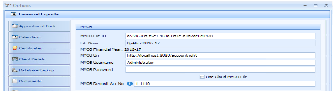 Set up MYOB options