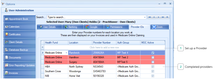 Add Provider numbers for a User