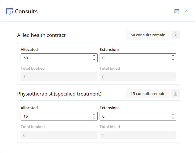Consults card in the ACC45 Summary