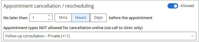 Shows the allocated time a patient can cancel their appointment before its booking