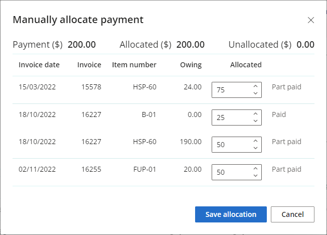 You can manually allocate amounts to different invoices if required.