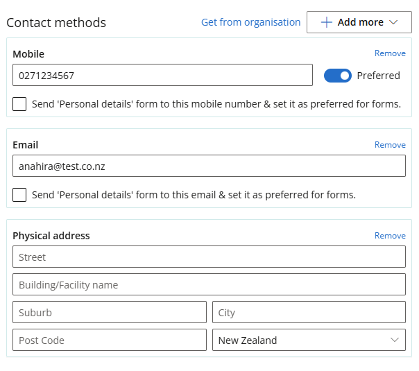 Use the Add more button to add further contact methods for a Patient or Client.