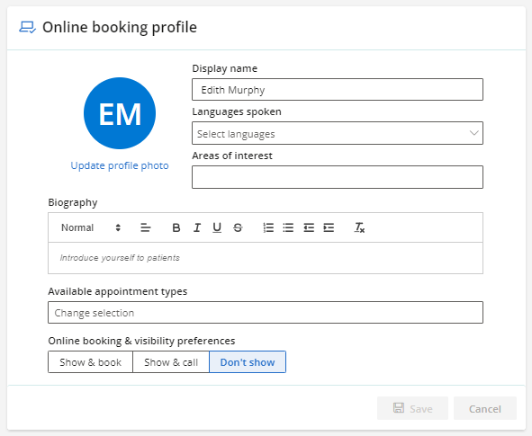 User settings for the online booking profile.