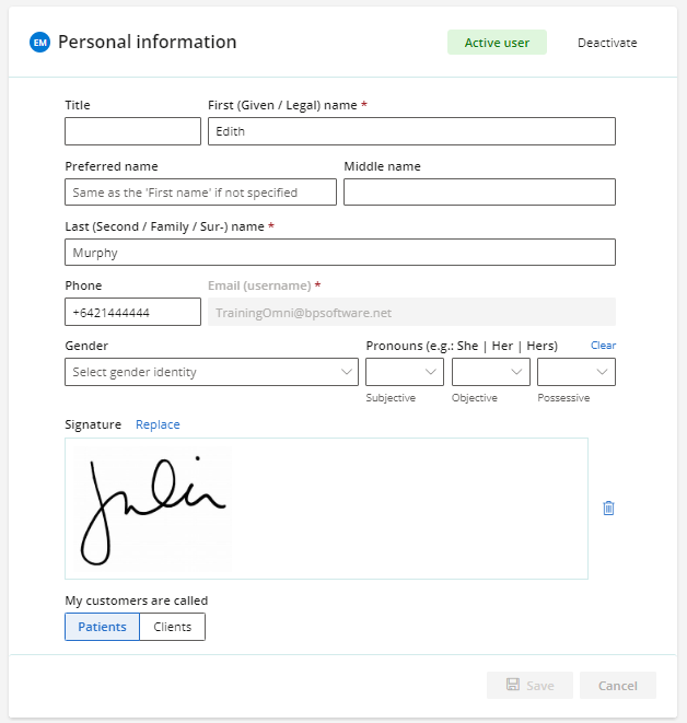 The user can edit their personal information details to add a signature or pronouns.