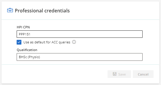 The professional credentials section of the user profile
