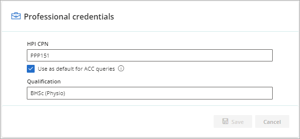 Enter the providers professional credentials for ACC claiming.