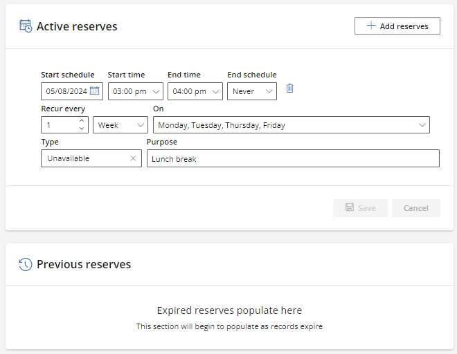Use the Active reserves screen to configure regular periods during which the provder is not available.