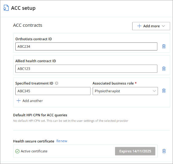 Enter your practice's ACC contract details and upload a certificate.