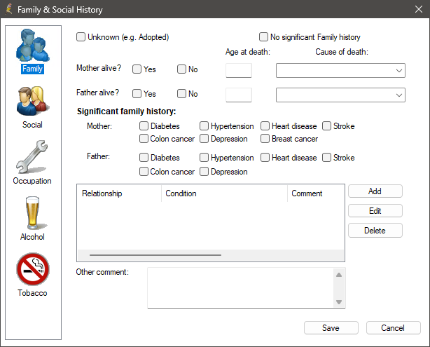 The image depicts the Family and Social History screen in Orchid SP2.