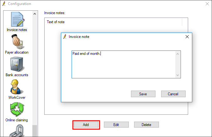 Add an invoice note to added as service text or notes on invoices