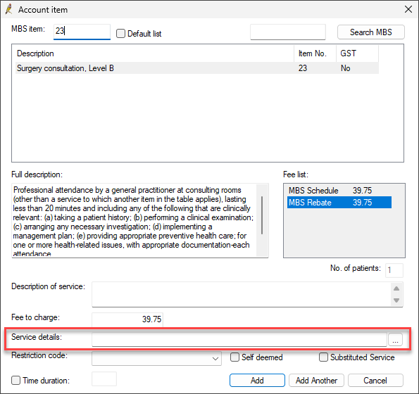 Click the ellipsis to add a service detail to an invoice item