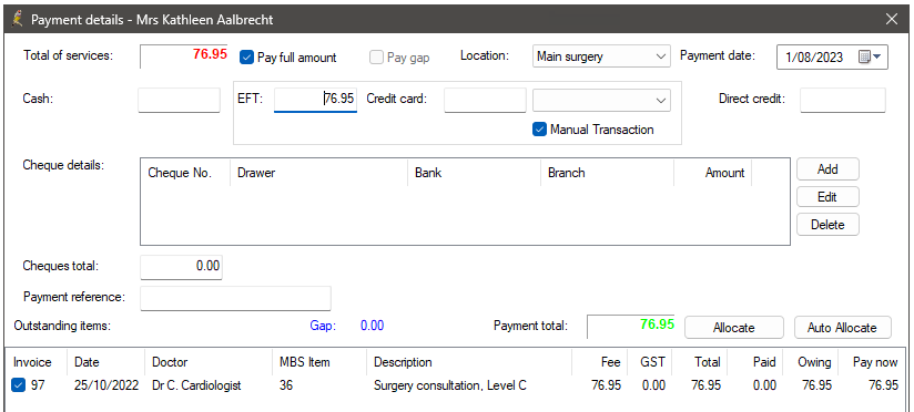 Payment details when paying in full