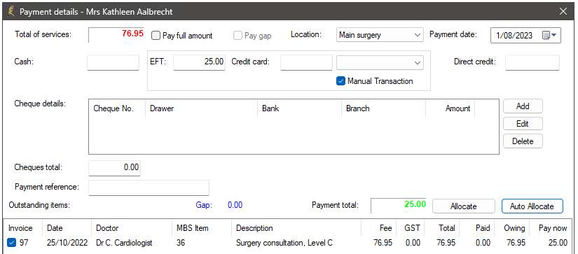 Payment details for split payments