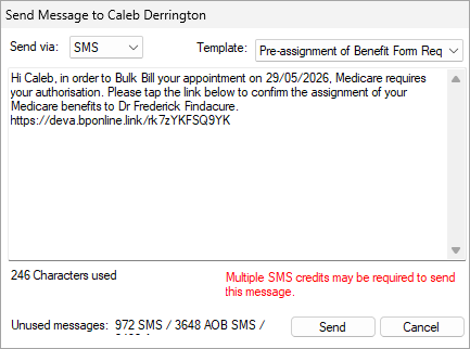 Send Message to Patient screen for a pre-assignment of benefit.
