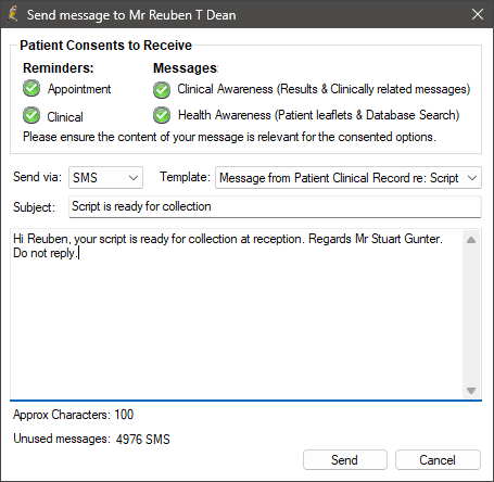 Send message from patient record