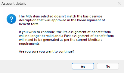 Warning message for MBS item numbers that do not match the BSD from the pre-assignment of benefit.