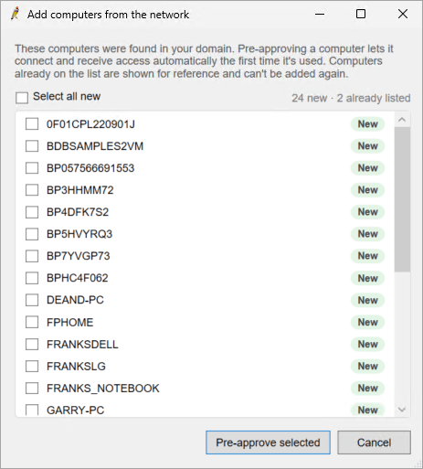 Add computers from the network screen