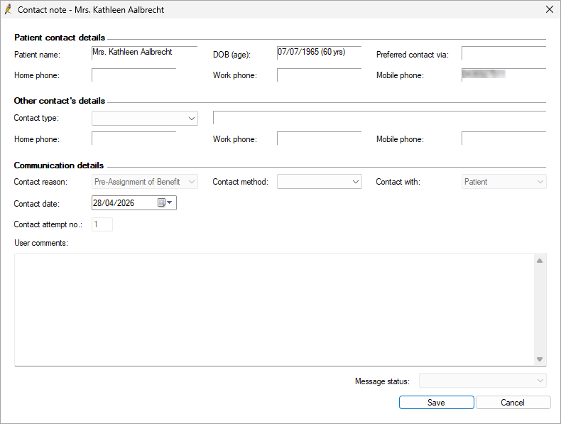Contact note with a default contact reason of pre-assignment of benefit.