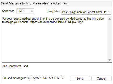 Send a post assignment of benefit request via SMS.