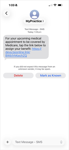 An example of the SMS message that patients will receive to complete their aob form.