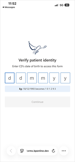 Screen for patients to verify their identity with their date of birth.