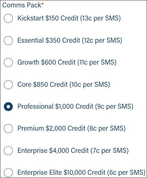 Bp Comms Pack selection interface with radio buttons.