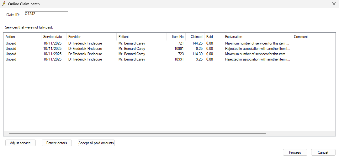 Online Claim Batch screen.