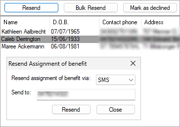 Resend an assignment of benefit request form sent via SMS.