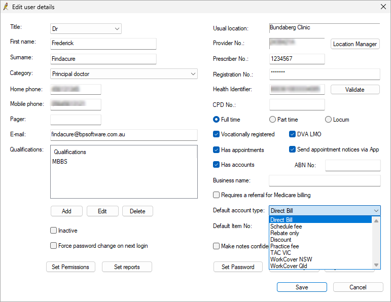 Set a providers default account type for invoicing.