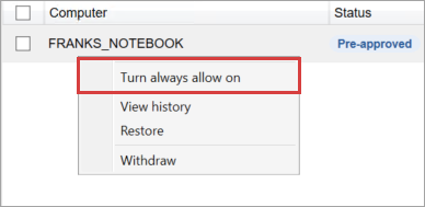 Right-click menu to enable or disable Always allow